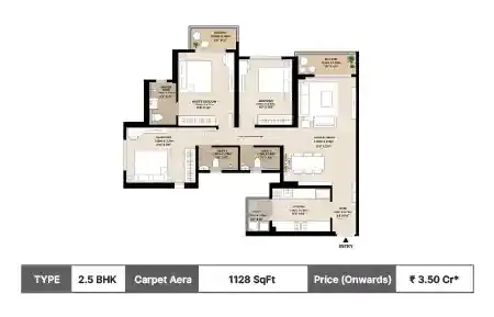 Mahindra Rainforest 3 BHK floor plan, 1128 sq ft carpet area