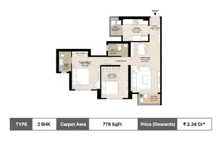 Mahindra Rainforest 2 BHK floor plan, 778 sq ft carpet area
