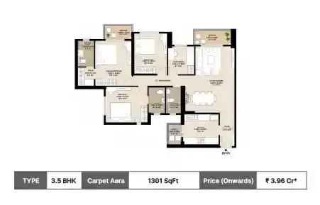 Mahindra Rainforest 3.5 BHK floor plan, 1301 sq ft carpet area